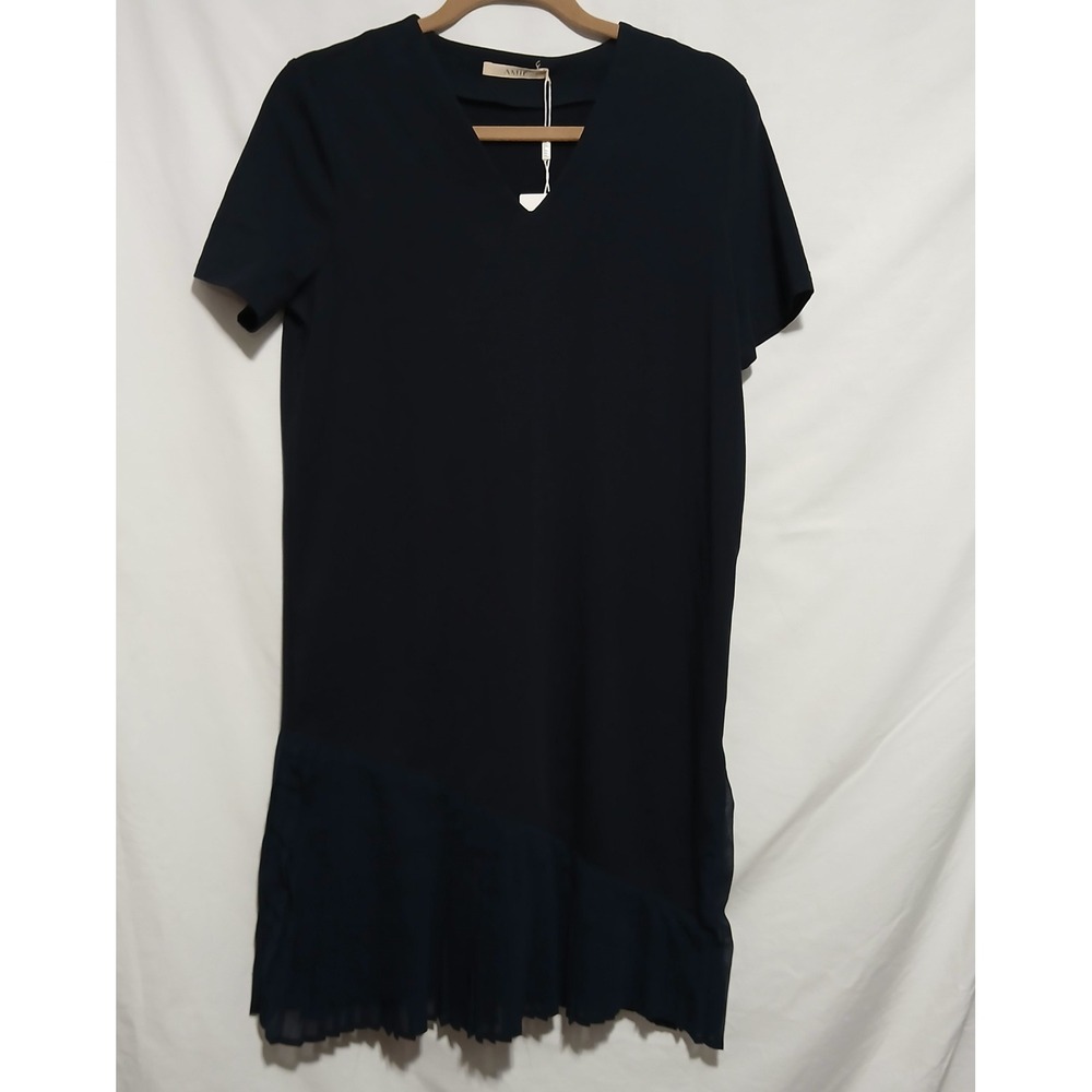 AMII Navy Blue Dress Short Sleeve Casual Party Pleated Hem Women's S